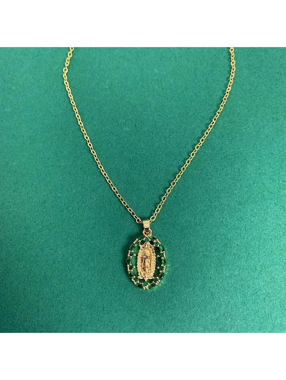 Gold Saint Marry green rhinestone pendant necklace. 19 inches length. Can be - Picture 6 of 7